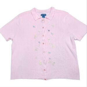 Vintage 90s ? Sweater Cardigan Embroidered Flowers Floral Soft Baby Pink Short S